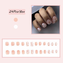 White French Tip Press on Nails Square Fake Nails with Designs White Flower Press ons Full Cover Glossy Acrylic Nails Glue on Nails Short Coffin Shaped Artificial Nails for Women Manicure 24Pcs