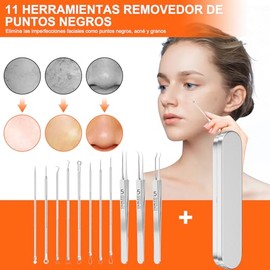 Kit Extractor de Puntos Negros y Espinillas de Acero Inoxidable de 11 Piezas con Estuche Metálico de Viaje para Limpieza Facial Profesional