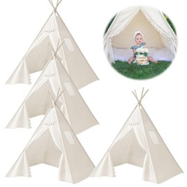Jamceoceo 4 PCS Teepee Tent for Kids,Washable Tapered Kids Teepee Tent,Bohemian White Collapsible Sleepover Tents,for Boys and Girls Sleepover Pajamas Party Birthday SPA