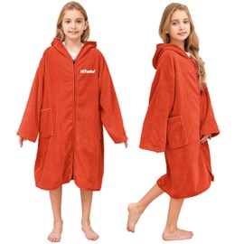 Hiturbo Kids Bath Towel Hoodie: Soft Plush Zipper Surf Poncho - Warm Fleece Changing Towels Swimming Outerwear (Orange)