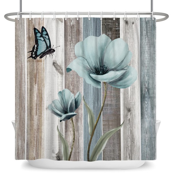 Arrebolart Rustic Shower Curtain Farmhouse Teal Floral Shower Curtains Waterproof