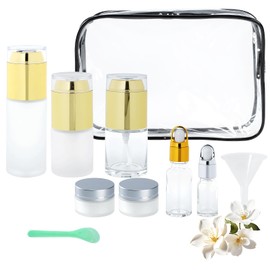 12Pack Travel Size Containers, TSA Approved Gold Toiletries Bottles, Refillable Leak Proof Travel Skincare Containers with Dropper Pump Spray Cream box for Liquid Serum Oils
