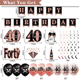 40th Birthday Decorations for Women, 33pcs 40th Birthday Crown and Sash, Black Rose Gold Happy 40th Birthday Banner Balloons Backdrop Hanging Swirls Paper Fans, 40 Years Old Birthday Decorations Kit