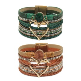COAUXOG 2Pcs Boho Bracelets Woven Leather Multi-Layer Wrap Bracelet with Heart and Rhinestones,Versatile Stackable Jewelry Cuff Bracelet for Women(Dark Brown+Dark Green)