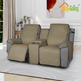 Easy-Going Non-Slip Loveseat Recliner Sofa Cover with Console, Water Resistant Double Reclining Couch Cover with Adjustable Strap, 2-Piece Washable Furniture Cover for Dog Pet (2 Seater, Beige)