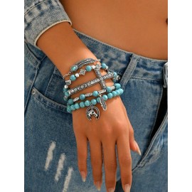Unbranded Turquoise & Silver Western Stack Bracelets with Charms (5 Pieces)