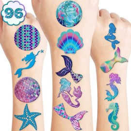 96 PCS Little Mermaid Temporary Tattoos Theme Happy Birthday Party Supplies Decorations Favors Decor Cute Under The Sea Tail Mermaids Tattoo Stickers Gifts for Kids Girls Boys Class Prizes Carnival
