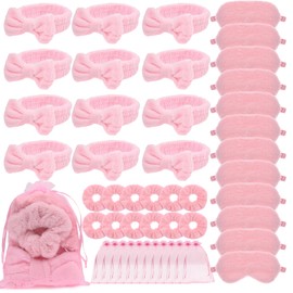48 Pieces Spa Sleepover Party Supplies 12 Pink Spa Headband 12 Pink Plush Sleep Eye Mask 12 Pink Velvet Scrunchies 12 Organza Bags for Slumber Party Spa Party Favors Gift