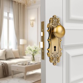 ToPToToo Mortise Lock Set for Interior Door, Vintage Brass Door Knob with Lock and Skeleton Key, Antique Old Style Door Knob Lock Replacement, Vintage Mortise Door Knobs for Interior Doors