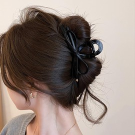 French Large Hair Clips for Thick Hair for Women Teacher Black Bow Design Claw Clips Elegant Twist Leather Bow Gold Charm Barrettes for Styling Mother Day Hair Accessories 1Pcs