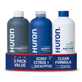 Huron Shower Kit for Men and Women – Shampoo, Conditioner & Body Wash with Citrus + Eucalyptus Scent, Hydrating, Phthalate Free, non-toxic Ingredients for Hair & Skin Care, 12 fl oz (Pack of 3)