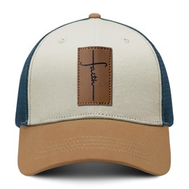 Christian Hat for Men - Jesus Cap - Faith Over FearCotton Baseball/Trucker Hat - Christian Gifts - Leather Patch Cross Hat,Comfortable & Breathable White