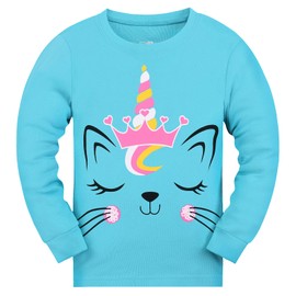 Gumyoss Girls Pyjamas Cat Pjs Sleepwear Toddler Long Sleeve Kids Pyjamas Outfit Tops + Pants Sets 2pcs 10-11 years,Light Blue/Cat