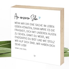 Wunderpixel® Holzbild Du bist einzigartig - Geschenk-Idee von Eltern für Sohn - persönliche Worte - Aufsteller & Wand-Deko zum Auszug, 18. Geburtstag, Abitur, Studium – 15x15x2cm - personalisierbar