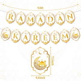 WATINC 2pcs Ramadan Kareem Banner Eid Mubarak Decoration, Ramadan Mubarak Hanging Banners Decor, No DIY Needed Eid Al-Fitr Party Supplies Hang Bunting for Home Tree Fireplace Wall 10 Feet (White Gold)