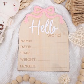 Pink Bow Hello World Newborns Welcome Board - Wooden Newborn Baby Stats Sign, Baby Birth Announcement Sign, Hospital Birth Stats Sign, Newborns Nursery Decorations
