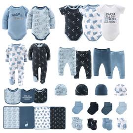 The Peanutshell Baby Layette Gift Set for Boys - 30 Piece New Born Boy Gift Set, Baby Clothes & Newborn Essentials Must Haves - Newborn Baby Clothes 0-3 Months - Elephant Blue