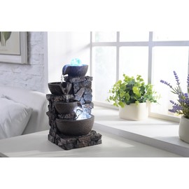 Tabletop Fountain Indoor Stone Four Bowls Waterfall Natural River Rocks Home Décor Decorated Colorful Cold RGB Lights Rolling Ball (23066)