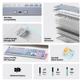 EPOMAKER TH108 Full Size Mechanical Keyboard, Wireless Gaming Keyboard with 8000mAh Battery, Creamy Gasket, 108 Keys, Hot Swap, Custom Driver, RGB Backlight (Blue&White, Sea Salt Silent)
