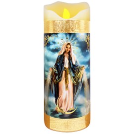 Our Lady of Grace Flameless LED Devotional Prayer Candle Religious Gold Foil Decoration for Home, Office, or Place of Workship Arte Diseño Piezas Maestras