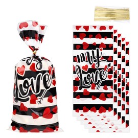 mciskin Pack of 50 Valentine's Day Cellophane Bags for Party Favors, Small Candy Bags for Candy with Ties, Holiday Gift Bags for Party Decorations, Romantic Valentine's Day, Theme