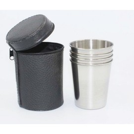 Yueton Set of 4 Stainless Steel Shot Cups Drinking Vessel with Black Leather Carrying Case (70ml)
