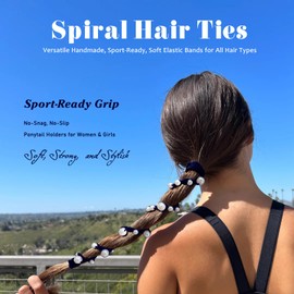 Cute Pearl Hair Ties for Women Hand Braided Sport Ponytail Holders Long Pony Tail Wrap for Workouts, Daily Use, Beach,Swim,Surf,Diving Tangle Free Hair Accessories -16" 3 Packs,Navy Blue/Pink/Green