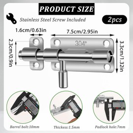 2 Pack Door Latch Lock Barrel Bolt 4 Inch, Gate Latch Slide Bolt Set, Thickened Door Bolt Latch, 304 Stainless Steel Slide Gate Latches, Heavy Duty Stainless Steel Slide Door Lock, Silver