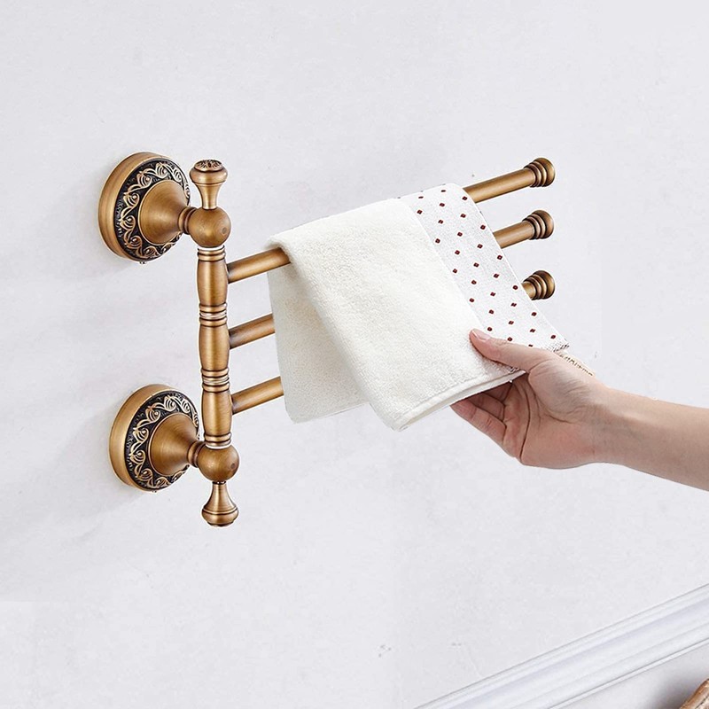 Leyden Swivel Towel Bar, Antique Brass 3 Arm Swing Towel