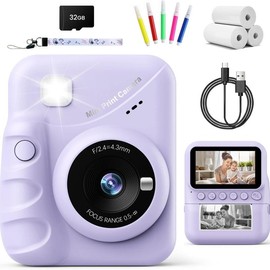 Kids Camera Instant Print for Girls Ages 3-14, 3-inch HD Screen Camera for Kids with Printing Paper, 1080P Digital Toddler Camera Toys for 4 5 6 7 8 9 10 11 12 Years Old polaroid camera - Color: Purple