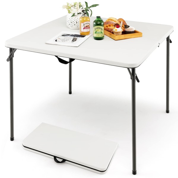 Goplus 34" Square Folding Card Table, Foldable Plastic Folding Tables, Portable Fold Up Table w/Handle, White Indoor Outdoor Utility Bi-Folding Commercial Table for Picnic, Party, Dining, Camping, BBQ