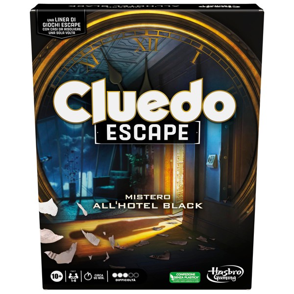 Cluedo Escape - Mistero all'Hotel Black, gioco da tavolo, gioco in versione escape room da risolvere 1 volta sola per 1-6 giocatori, giochi di mistero cooperativi
