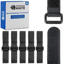 Velcro Cable Ties with Buckle, Pack of 5, 120 cm Length, in Black, Nylon Cable Velcro, Buckle Velcro Strap, Resealable Cable Organisation, Cable Ties Velcro Closure, Clamp Cable Tape