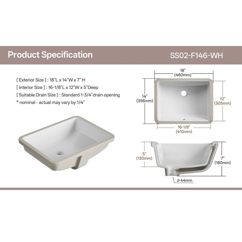 SmartSylva Rectangular Undermount Bathroom Sink,18 x 14 Inch Porcelain Ceramic