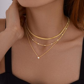 WomenGifts Layered Gold Necklaces for Women, 14K Gold Plated Dainty Pendant Necklace Set with Double Diamond Circle, Chunky Stackable Cuban Chain Choker, Trendy Waterproof Jewelry Gift