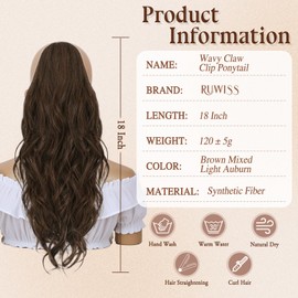 RUWISS Ponytail Hairpiece with Clip, 45 cm Wavy Claw Clip-In Ponytail Hair Extensions, Long Synthetic Curly Ponytail Extension for Women, Brown Mixed Red Brown