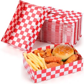 Norme 50 Pcs Disposable Red Checkered Cardboard Food Tray 8.6" x 5.5" x 2.3" Paper Snack Serving Container 4 Corner Pop up Hot Dog Box Holder Boat for Hamburger Christmas Movie Night Party Supplies