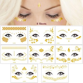 8 Sheets Face Temporary Tattoo Stickers - Gold Glitter Metallic Water Transfer Tattoos for Professional Makeup, Dancer Costumes, and Face Freckle Designs