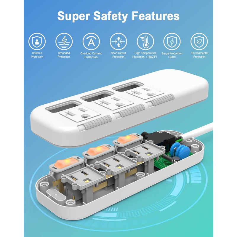 Flat Plug Power Strip Individual Switches, Extension Cord 3 feet,
