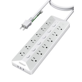 Power Strip with Switch, Extension Cord, 3 Meters, TESSAN 12 AC Outlets, 3 USB Ports, Table Tap, Wall Mounted, Multi-Tap, Oa Tap, Wide Outlet, Octopus Wiring, Power Saving Tap, 3 Pins, Energy Saving, Lightning Guard, 2 Pin, 3 Pin Plug Compatible