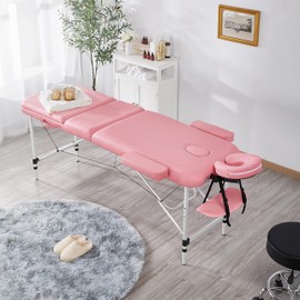Yaheetech Massage Tables Portable Tattoo Table Adjustable Lash Bed Aluminium 3 Folding Spa Bed with Non-Woven Bag 24 inch Wide Pink