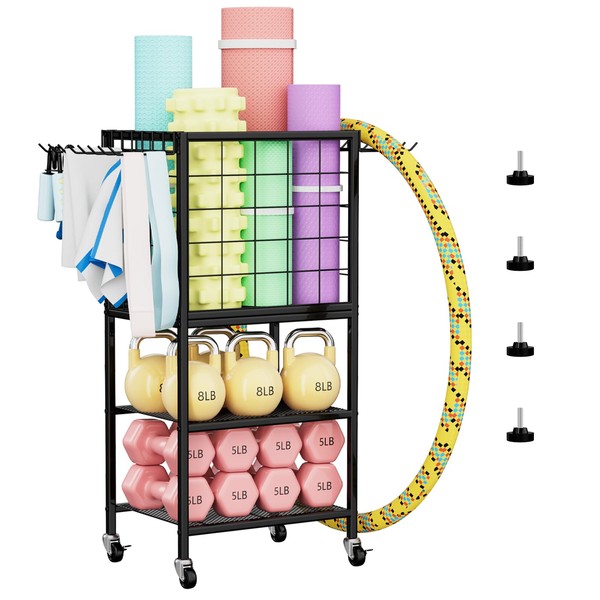 Weight Rack for Home Gym, Workout Equipment Storage Organizer, Home Gym Yoga Mat Storage Rack, Weight Storage Racks with Hooks, Yoga Mat Holder with Wheels for Yoga Block, Dumbbell, Resistance Band