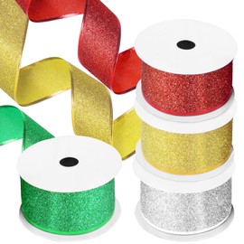 Wokape Christmas Ribbon Kit, 4 Rolls 2 Inch x 11 Yard Glitter Sparkly Ribbon with Metallic Diamond Glitter and Gold Metallic Edge Christmas Ribbon for Tree, Crafts, Home and Holiday Decor