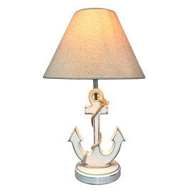 Coastal White Anchor Table Lamp with Shade, 19" Nautical Wood Accent Lamp, Beach House Bedroom Nightstand Lighting, Rope Detail, 40W Max, In-Line Switch, Living Room Decor, Bulb Not Included