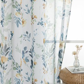 MYSKY HOME 63 inch Long Sheer Floral Curtains - Classic Leaf Violet Print, 2 Panels for Bedroom, Living Room, Bathroom, Kitchen - Yellow and Blue, 52 x 63 inch