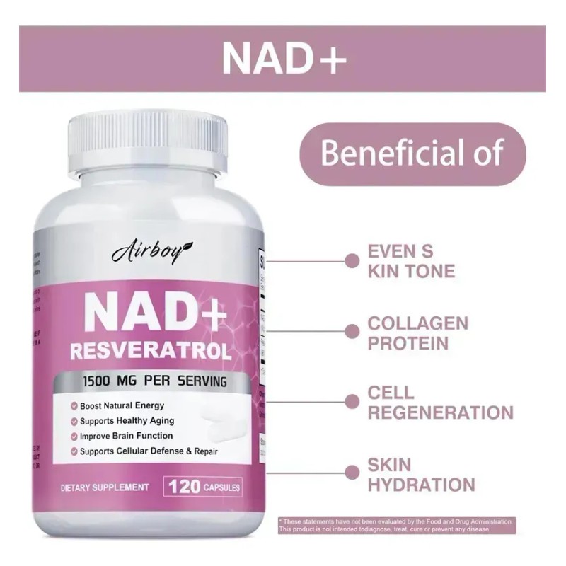 Airboy Suplemento Nad + Resveratrol, 1500 Mg, 120 Cáps