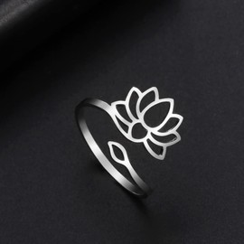 KKJOY Lotus Flower Yoga Ring Stainless Steel Eight Petal Lotus Adjustable Open Finger Rings Inspirational Jewelry Gift for Women Teens Girls