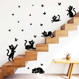 Wall4Stickers Cats Stickers, Kitchen Wall Decal, Jumping Funny Cats Catching Butterflies Black