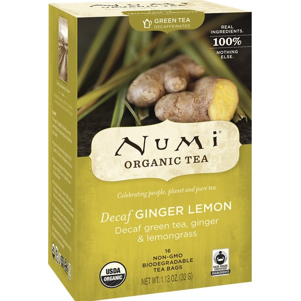 Numi Organic Tea Decaf Ginger Lemon Green Tea, 16 Count (Pack of 3), (Packaging May Vary)