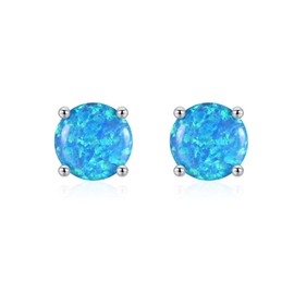 925 Sterling Silver Hypoallergenic Opal Stud Earrings, 8MM Blue Opal October Birthstone Earrings for Women, Meaningful Gift for Women Men